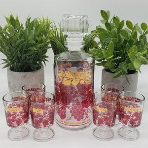 Vintage Luminarc France Gold & Red Fruit Glass Liqueur Decanter Set